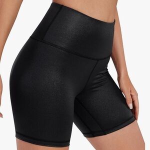 CRZ YOGA Matte Faux Leather Shorts Women 6''- High Waisted Spandex Biker Shorts